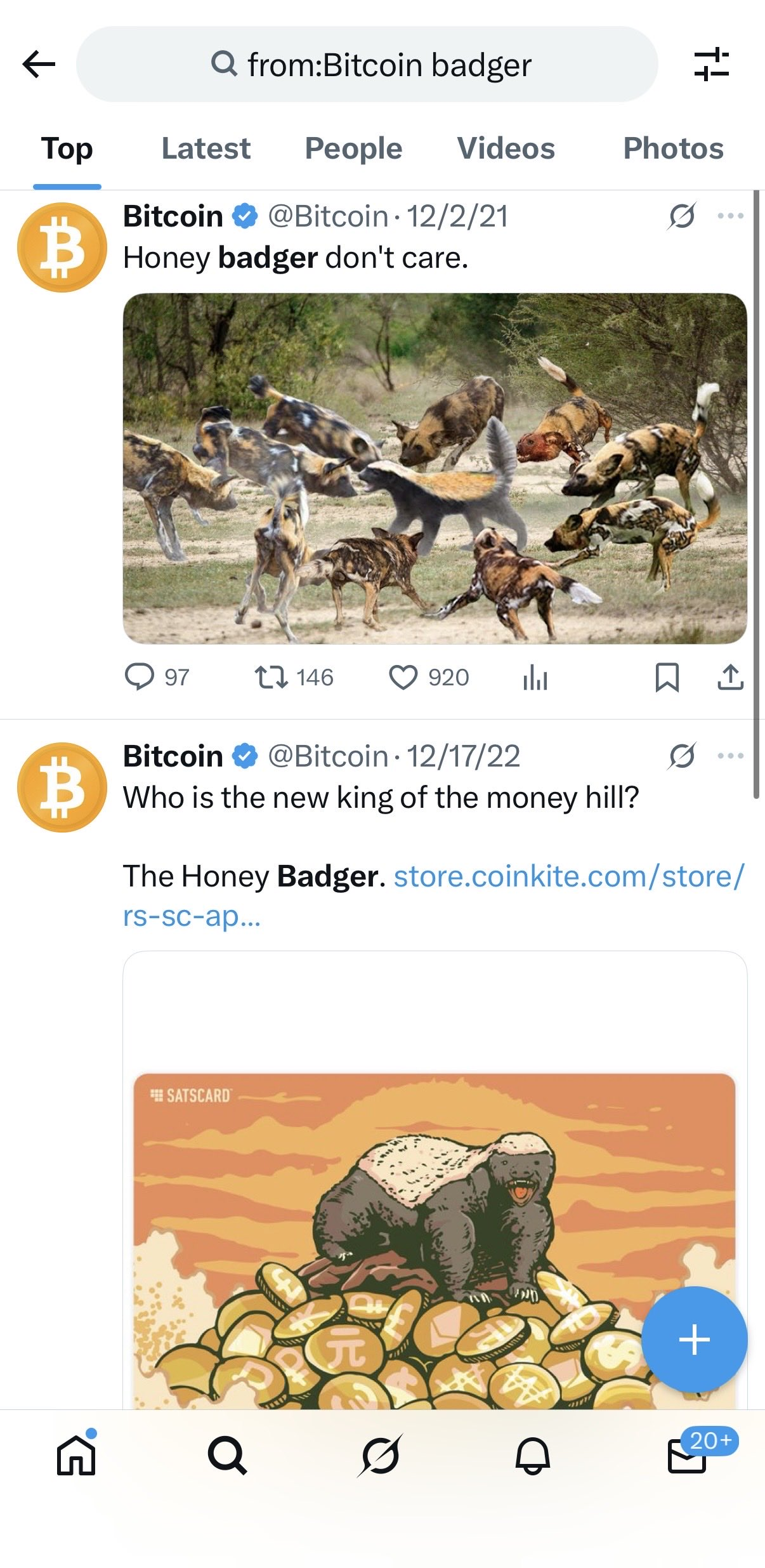 Full, unaltered screenshot showing @Bitcoin's December 2, 2021 and December 17, 2022 posts about the honey badger, including the wildlife photo and illustrated SATSCARD.